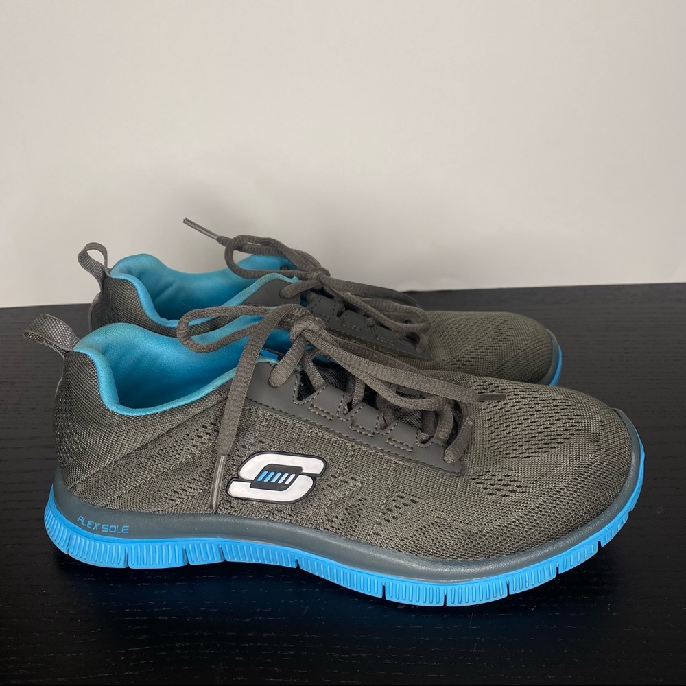 Skechers grey blue flex appeal shoes Skech knit